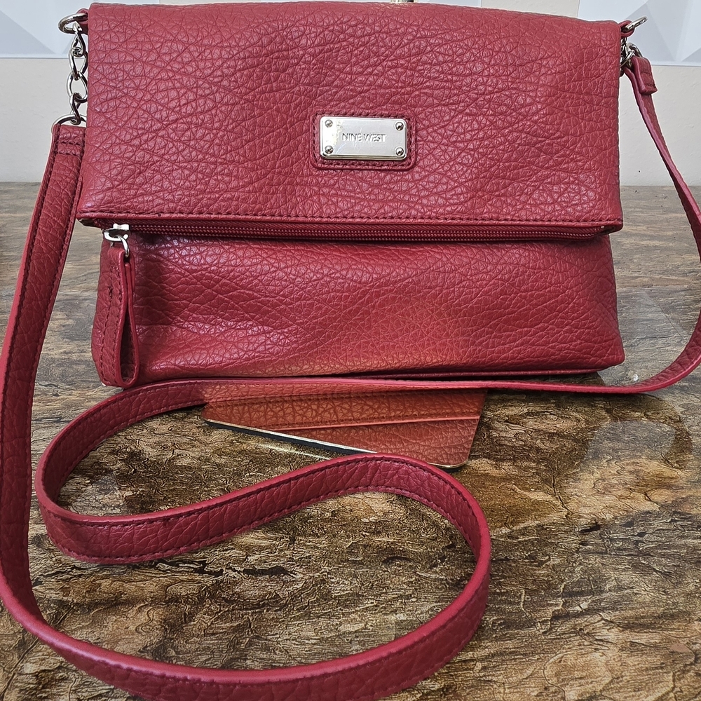 Nine West Red Pebbled Leather Crossbody Bag Foldover Clutch Convertible Purse